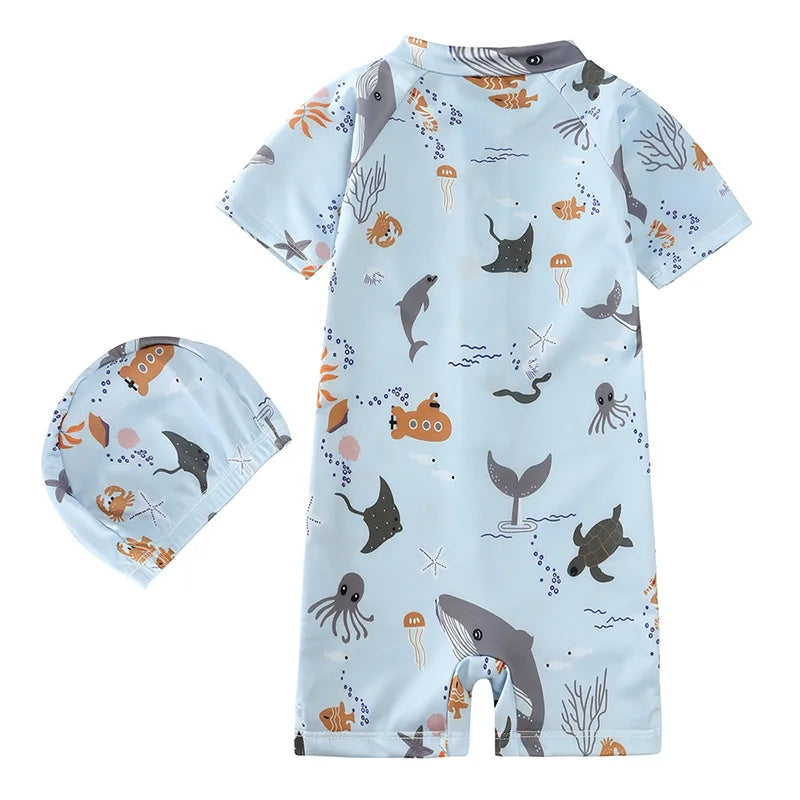 Baby Toddler One-piece Swimsuit With Hat Cartoon Print Kids Short Sleeve Zipper Swimwear Sun Protection For 0-7Y Boys Girls