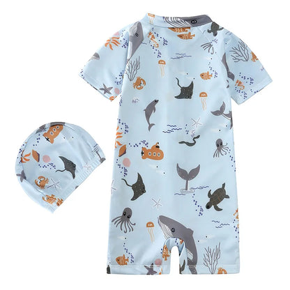 Baby Toddler One-piece Swimsuit With Hat Cartoon Print Kids Short Sleeve Zipper Swimwear Sun Protection For 0-7Y Boys Girls