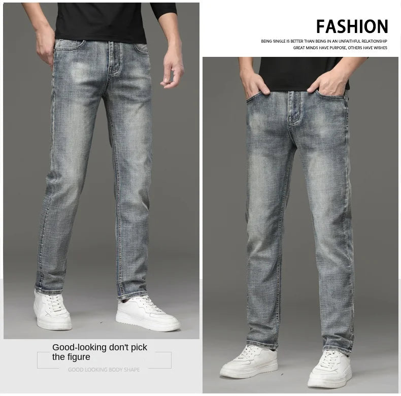 High-end Light Luxury Brand Jeans Men's Retro Slim Fit Straight Versatile Casual Gray Trousers Autumn and Winter Thick Jeans