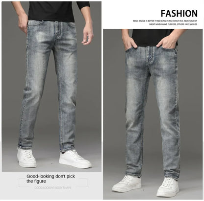 High-end Light Luxury Brand Jeans Men's Retro Slim Fit Straight Versatile Casual Gray Trousers Autumn and Winter Thick Jeans