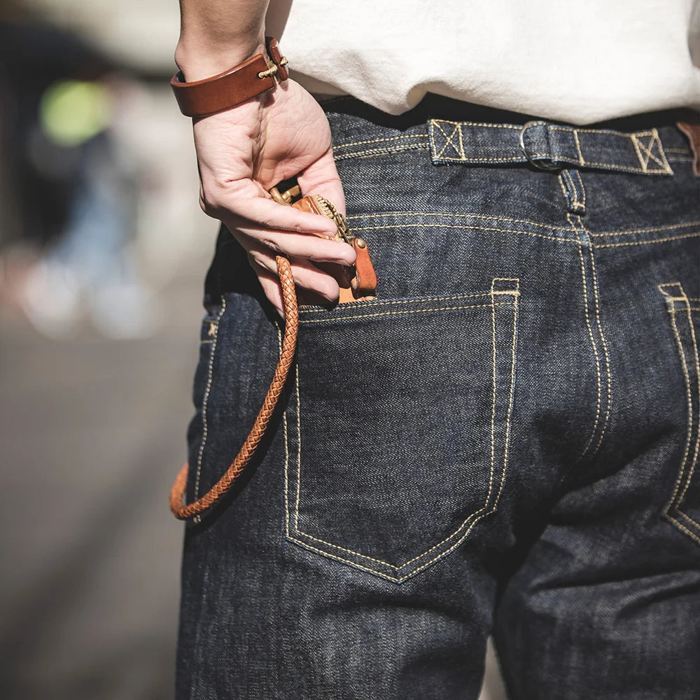 Maden Vintage 14oz Selvedge Raw Denim Jeans Horsehair Leather Patch Straight Fit Jeans Men's Spring and fall Paris Buckle Pants