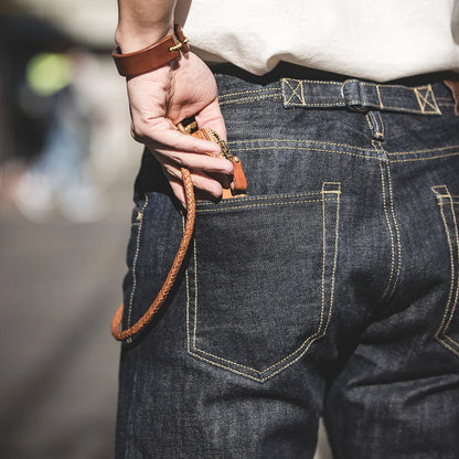 Maden Vintage 14oz Selvedge Raw Denim Jeans Horsehair Leather Patch Straight Fit Jeans Men's Spring and fall Paris Buckle Pants