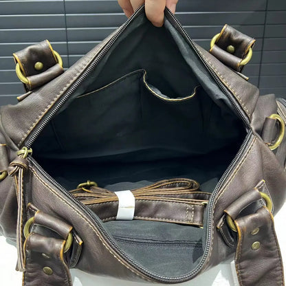Y2K Hot Girl Single Shoulder Crossbody Bag Vintage Washed Leather Motorcycle Bag Large Capacity Multi Pocket Bag