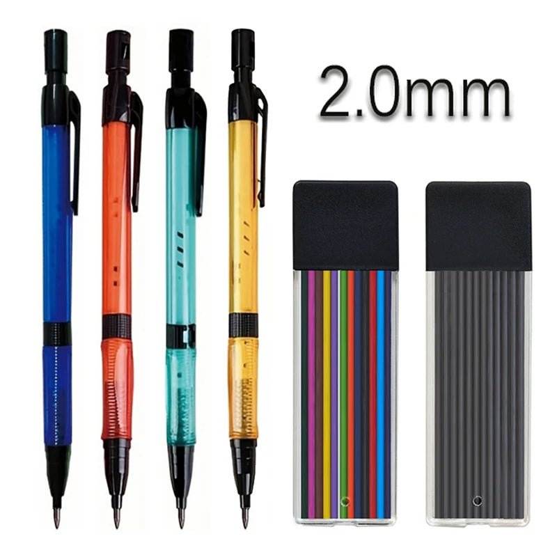6Pcs/Set 2.0 Mm Automatic Pencil 4 Colors With Pencil Sharpener 2B Lead Writing Smooth Sketching Painting Writing Stationery