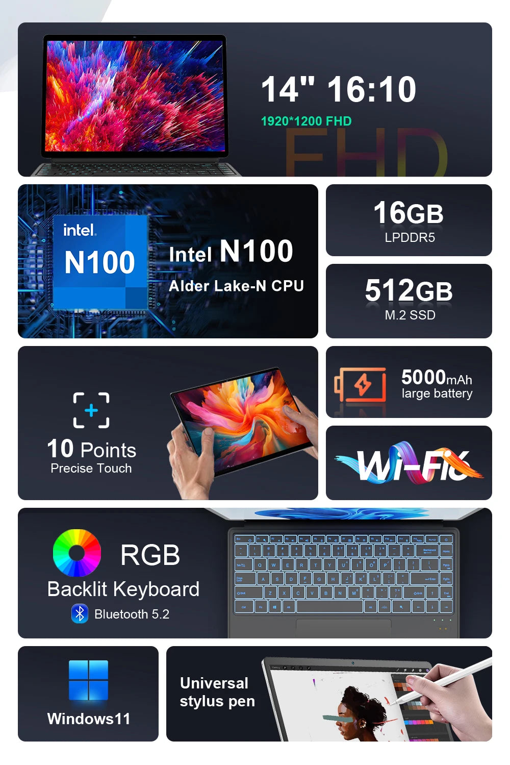 Ninkear T40 Tablet Mini Laptop 14 inch 2 in 1 Intel N100 16GB+512GB 1200P IPS Touch Screen Windows 11 Notebook Free Shipping