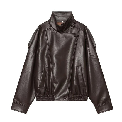 Women's Faux Leather Jacket 2025 New Fashion Autumn Black Long Sleeve Pebble Jacket Motorcycle Style Personality Ladies Jacket