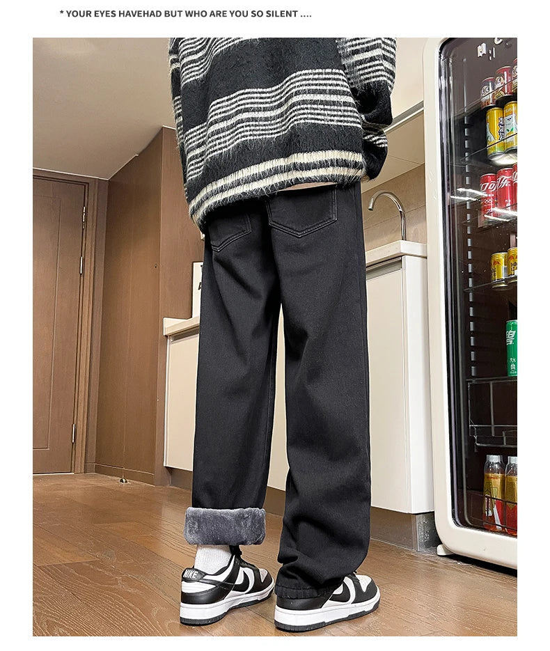 Men's Thicke Fleece Straight Jeans Winter Velvet Thermal Nostalgia Washing Denim Pants Streetwear Elastic Waist Loose Trousers