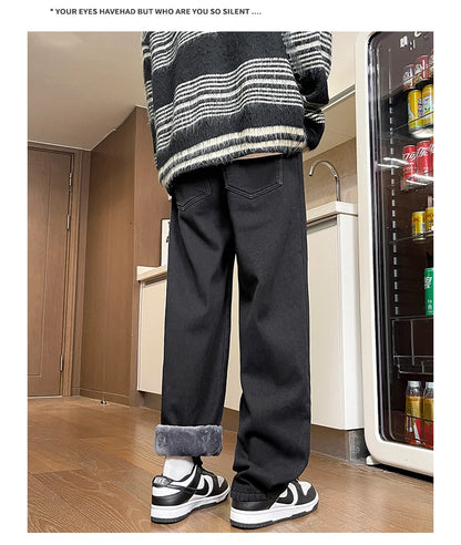 Men's Thicke Fleece Straight Jeans Winter Velvet Thermal Nostalgia Washing Denim Pants Streetwear Elastic Waist Loose Trousers