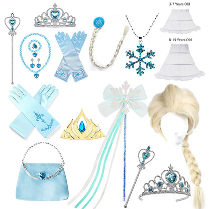 Elsa Princess Accessories Gloves Wand Crown Jewelry Set Elsa Wig Necklace Braid Girls Cosplay Snow Queen Dress Clothing Dress UP