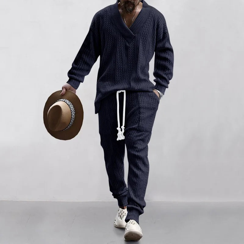 2025 Cross-border New Men's Casual Trousers V-Neck Versatile Jacquard Knitted Sweater Set