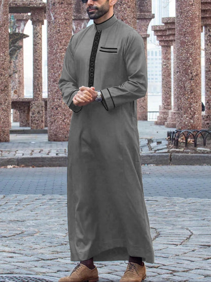 Men's Ethnic Pattern Embroidery Zipper Hooded Robe Traditional Long Sleeve Pocket Jubba Thobe for Daily Wear Man Islamic Thobe