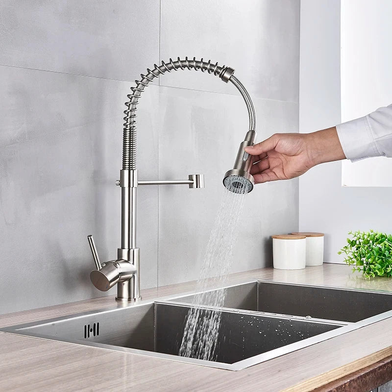 Kitchen Faucets Brush Brass Faucets for Kitchen Sink Single Lever Pull Out Spring Spout Mixers Tap Hot Cold Water Crane