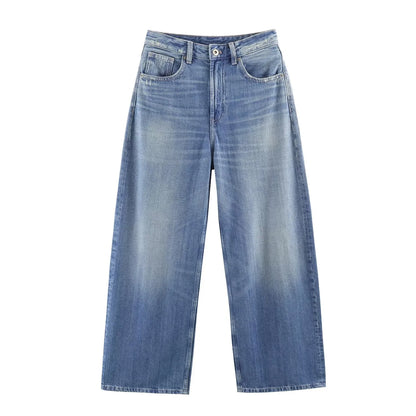 Female Vintage Leather Pocket Jeans Women Blue Zipper Straight Loose Trousers Lady New Fashion Daily Casual Spring Pants 2026
