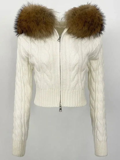 Fashion Natural Fox Fur Collar with Knitted Sweater Women Casual Sweater 2025 New Spring Autumn Slim Fit Elastic Oversized Coat