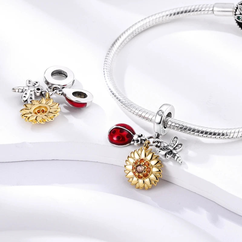Original 925 Sterling Silver Charm Beads Clover Sunflower Tulip Carnation Pendant For Women Jewelry Fashion Gift