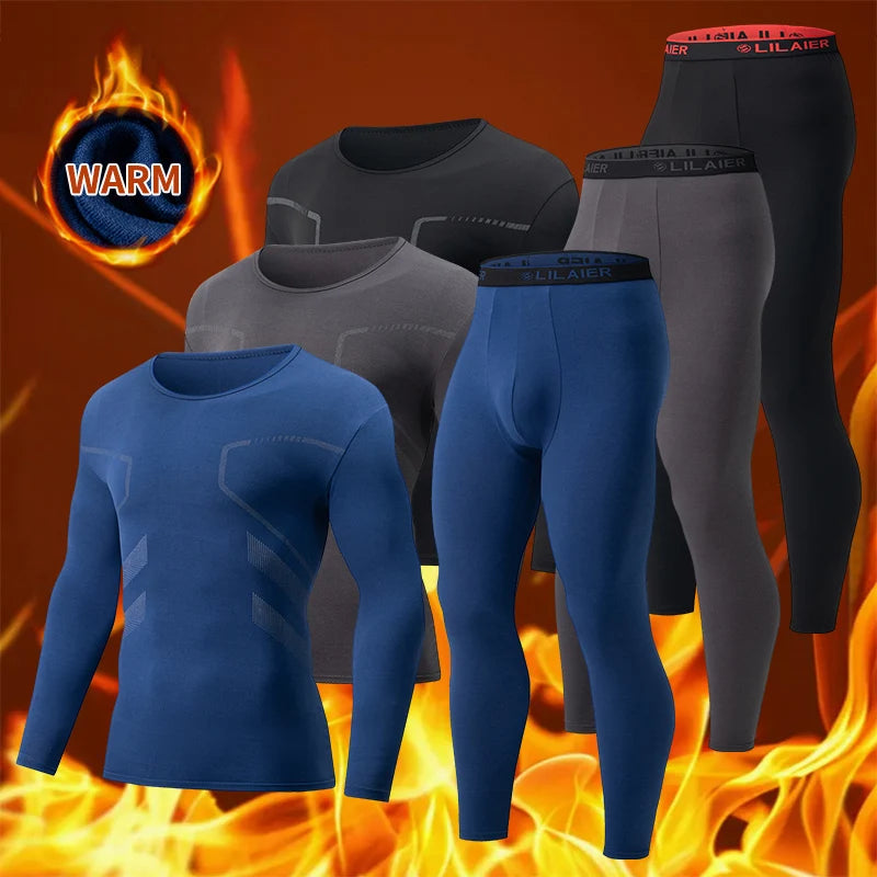 2-piece Men's Autumn And Winter Solid Color Round Neck Fashionable Printed Sports Thermal Underwear Set Simple And Comfortable