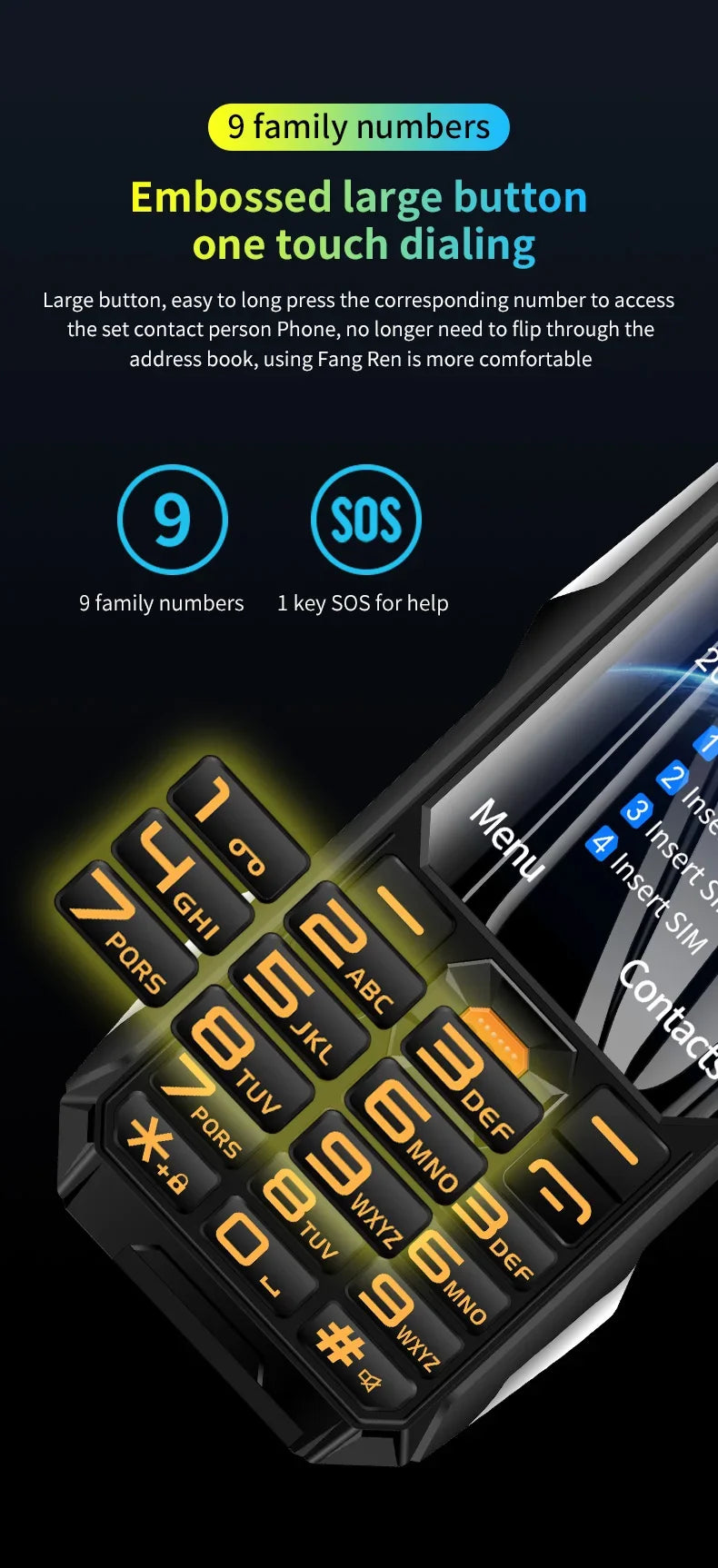 YEEMI Q9 GSM 2G&4G Network Mobile Phone 2G 4SIM 4G 2SIM Cards Rugged Bar Cellphone 3.5“ HD Display Big Battery Loud Sound Phone