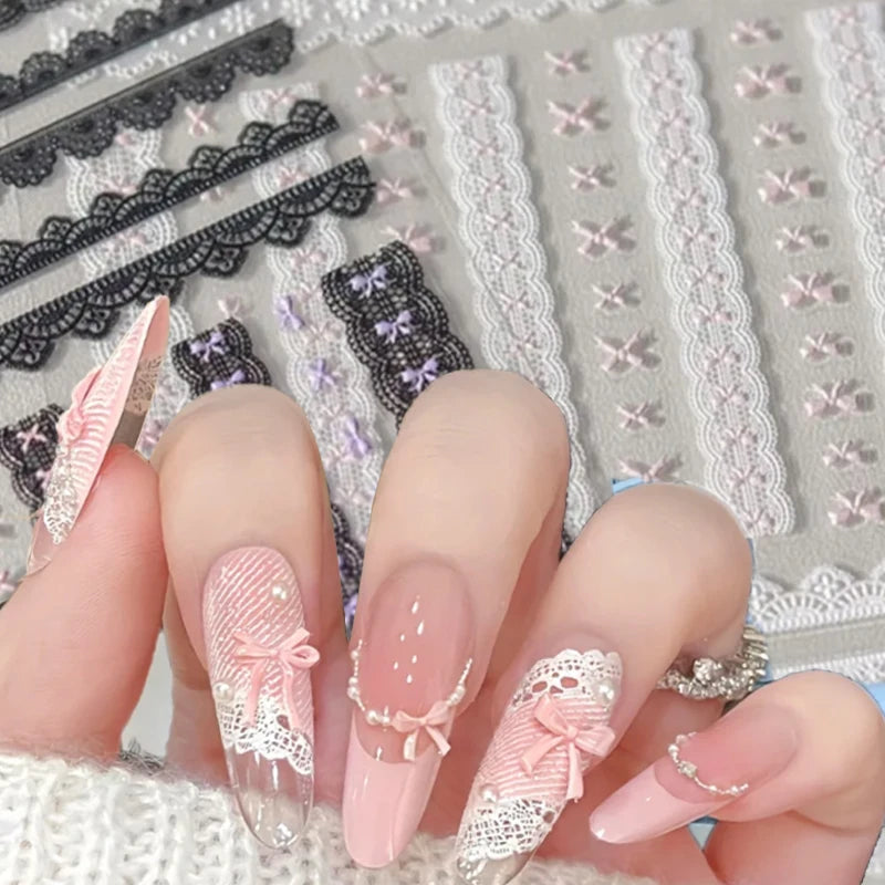 Sweet Bowknot Black Lace Heart Nail Stickers 3D Self Adhesive Nail Art Stickers Japanese Cool Girls Manicure Decorations Decals