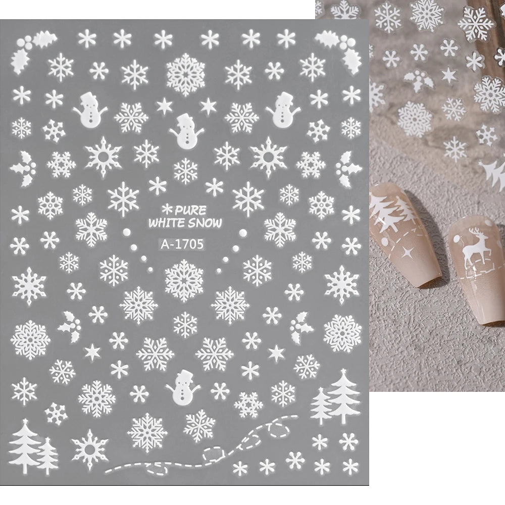 1sheet 3D White Snowflakes Nail Stickers for Christmas Winter Snow Flower Self-adhesive Nail Art Decals DIY Manicure Decorations