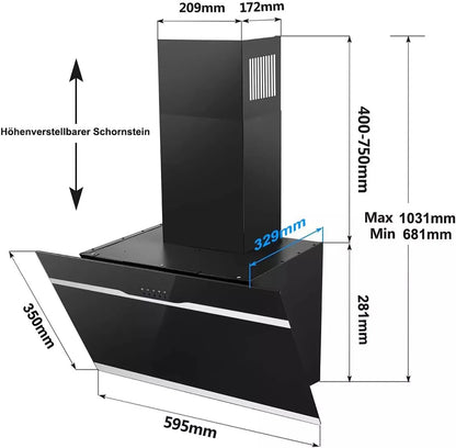 TopStrong Wall Mount 60 cm Stainless steel Easy Clean Filters Black Extractor Hood YYWH4060