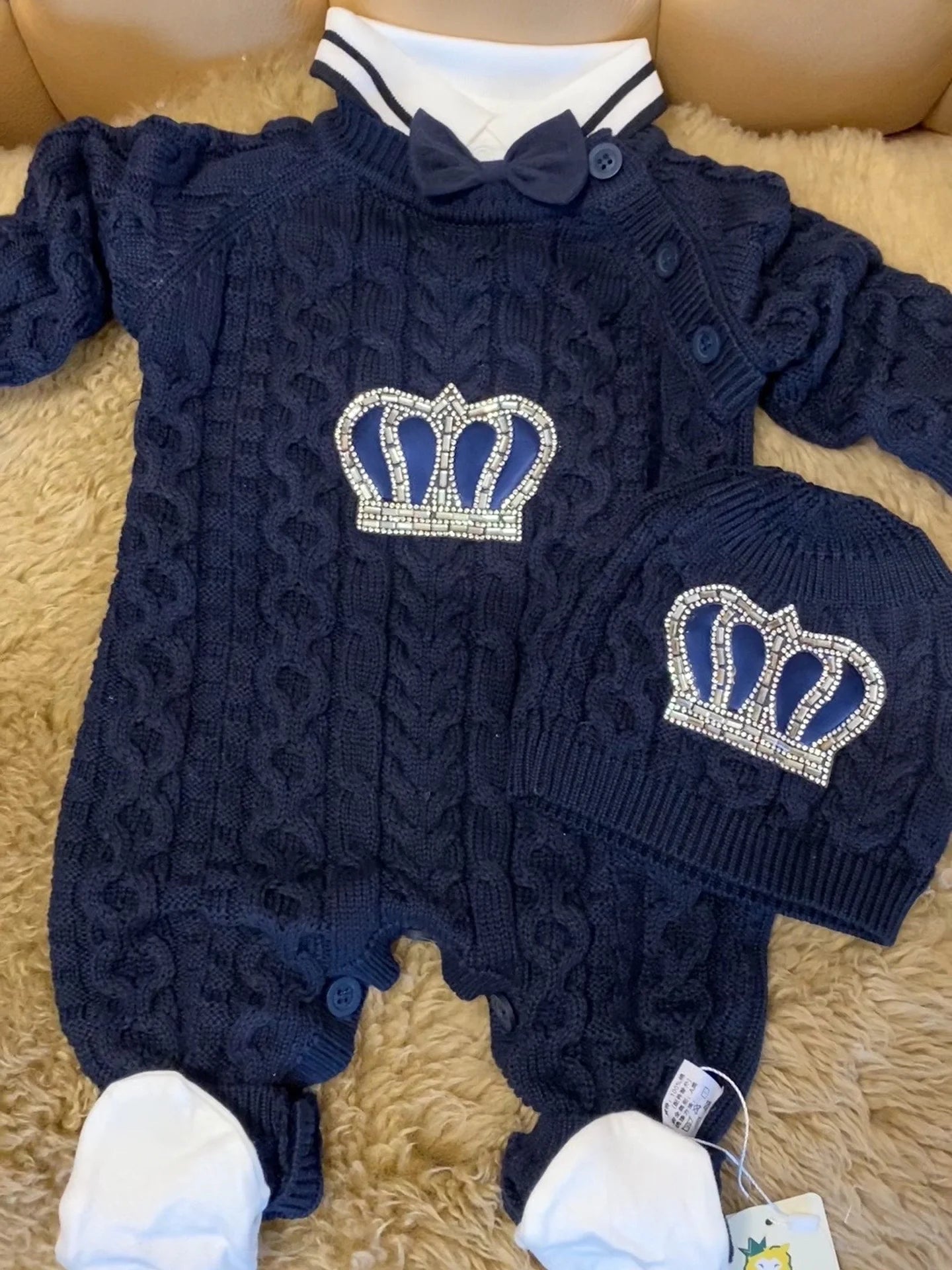 Dollbling Baby Boys' Knit Ribbed Romper Jumpsuit with Bodysuit and Hat 3pcs Set Newborn Cotton Knitted Sweater Romper Suit