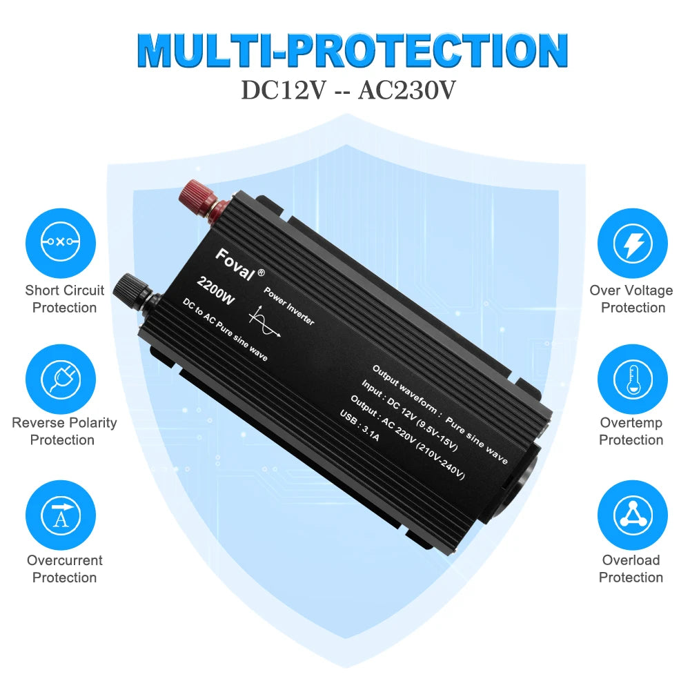 Pure Sine Wave Inverter DC 12V to AC 220V 230V 1500W/2200W/2600W/3000W Voltage Transfer Converter EU Socket Auto Accessories