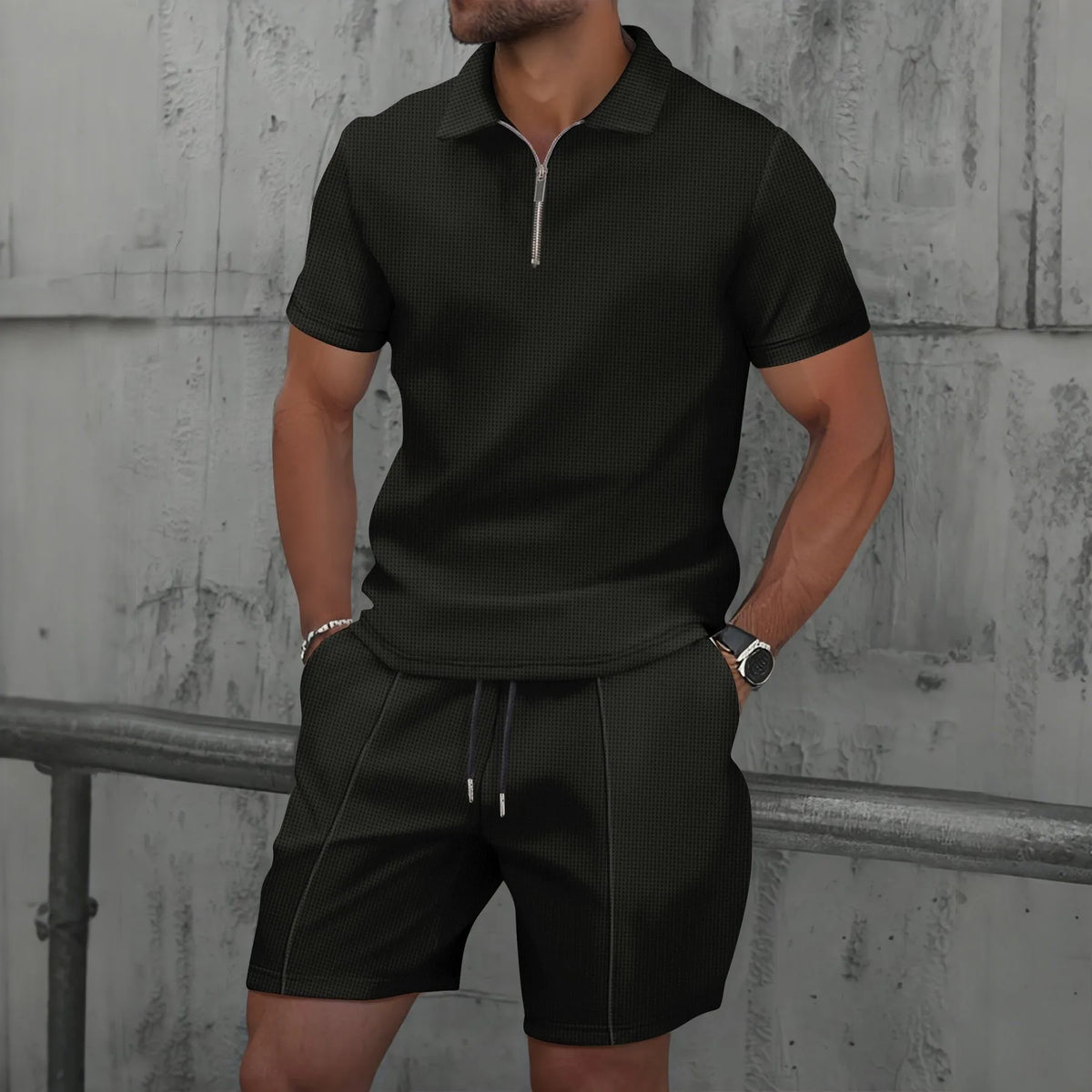 2026 Men Europe and the United States new summer Waffle solid color zip-up lapel short-sleeve suit shorts two sets