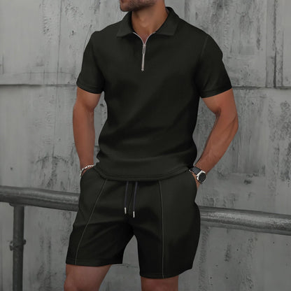 2026 Men Europe and the United States new summer Waffle solid color zip-up lapel short-sleeve suit shorts two sets