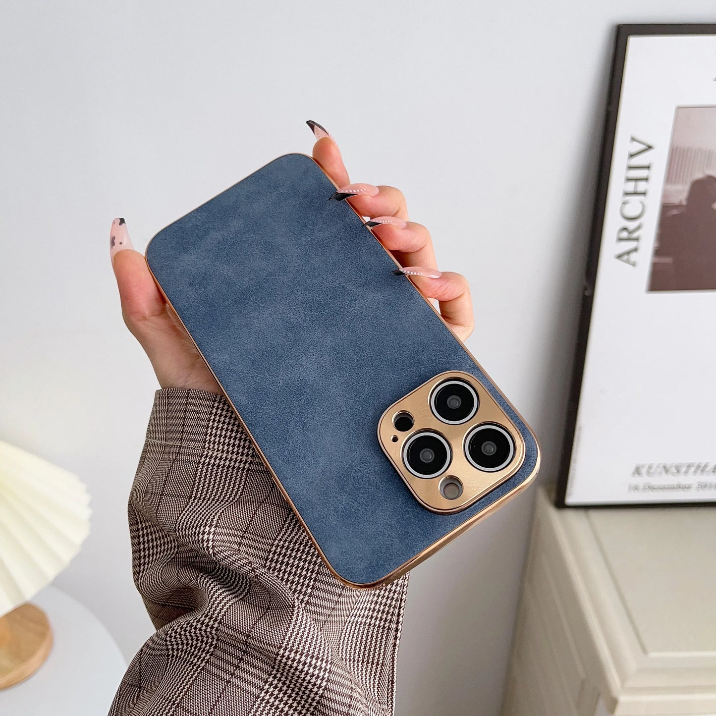 Leather Phone Case For Iphone 13 11 12 14 15 16 17 ProMax Plus Electroplated Frame Lambskin Phone Shell For IPHON 15 16 17Promax
