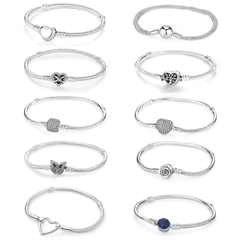 Original 925 Sterling Silver Bracelets Love Heart Moon Flower Butterfly Pave CZ Bracelets For Women DIY Jewelry Party Gift