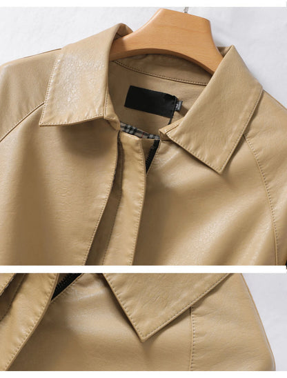 M-4XL Women's Sheepskin Coat Fashion Khaki Zipper Elastic Waist Female Long Sleeve Casual Loose Split Leather Jackets 2024 New