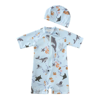 Baby Toddler One-piece Swimsuit With Hat Cartoon Print Kids Short Sleeve Zipper Swimwear Sun Protection For 0-7Y Boys Girls