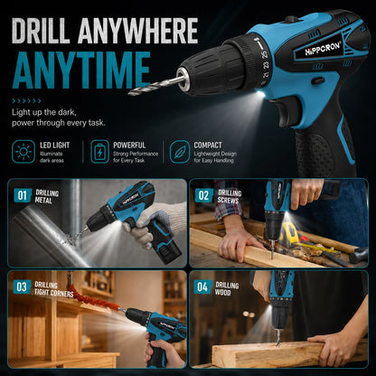 Hippcron 12V Lithium Electric Drill Tapping Cordless Impact Tool Ratchet Set Multifunction Screwdriver Household with 3/8" Chuck