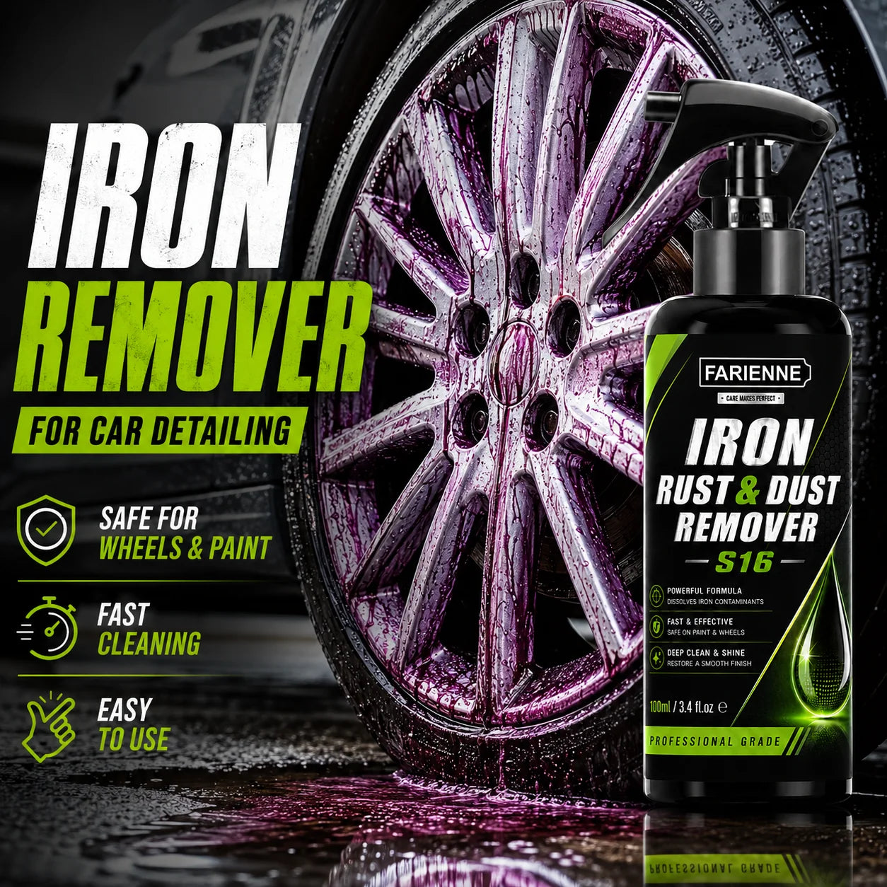 Iron Remover Car Detailing Spray Dissolve Brake Dust Rust Stain Cleaner Safe For Car Paint Alloy Wheel Rim Metal Surfaces