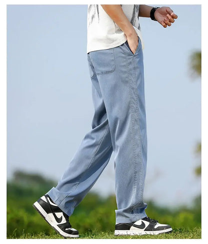 Men's Summer Soft Lyocell Fabric Jeans Thin Loose Straight Denim Pants Drawstring Elastic Waist Casual Trousers Plus Size M-5XL