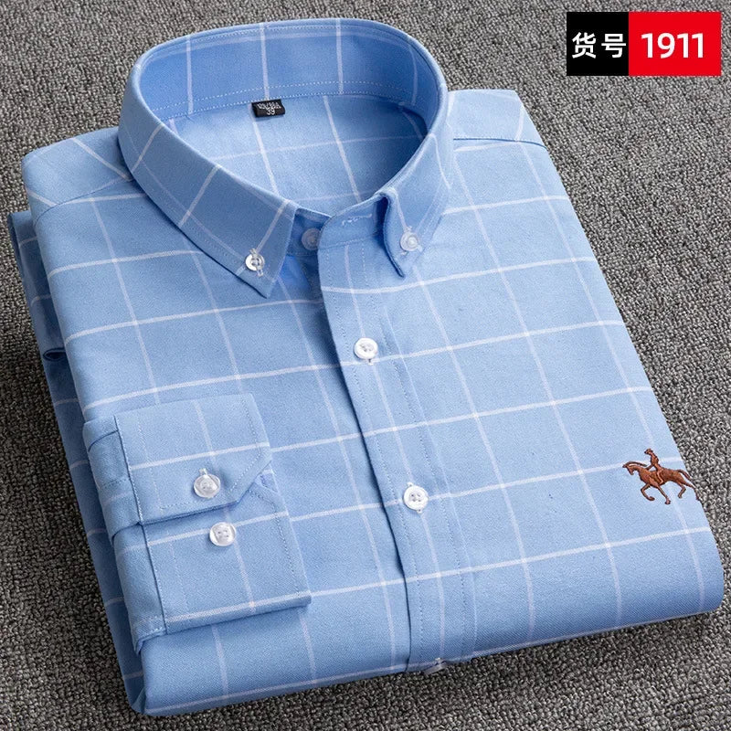 Casual cotton men's shirt slim fit horse logo bottom inch shirt Oxford spinning long sleeved striped shirt