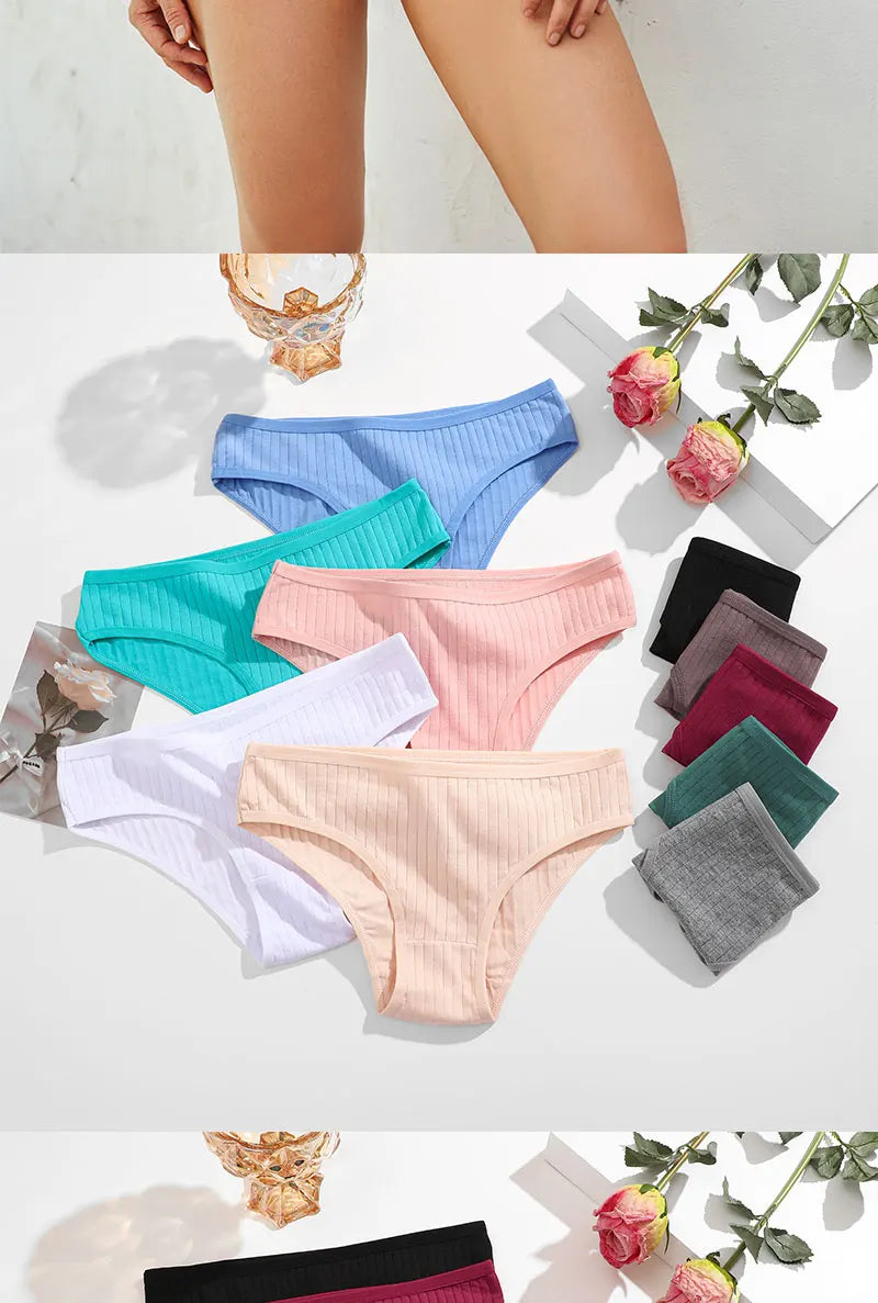 4PCS/SET Women's Cotton Panties Sexy Soft Striped Underpants 12 Solid Color Briefs Female Comfortable Stretch Lingerie M-XL