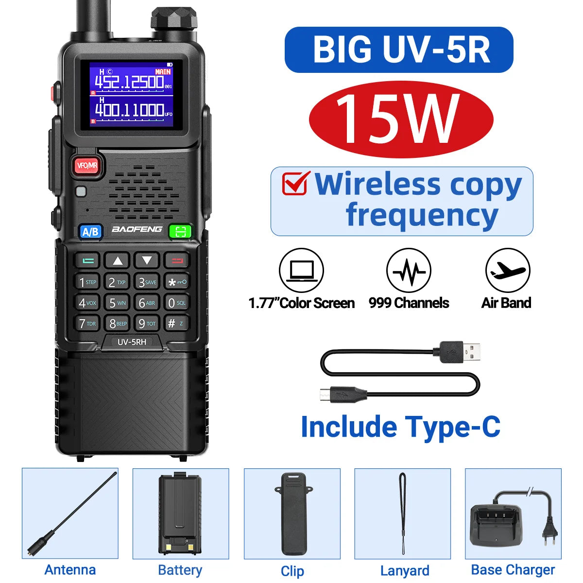 Baofeng UV 5RH 10W Air Band Walkie Talkie Long Range Wirless Copy Frequency Type-C Baofeng UV 5R MINI UV 21 PRO 2 Way Ham Radio