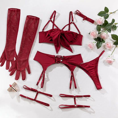 sexy lingerie set Bow bra Black Temptation Bra Set Belt Hollowed Out Gathering Four Piece underwear women Set Erotic Sleepwear