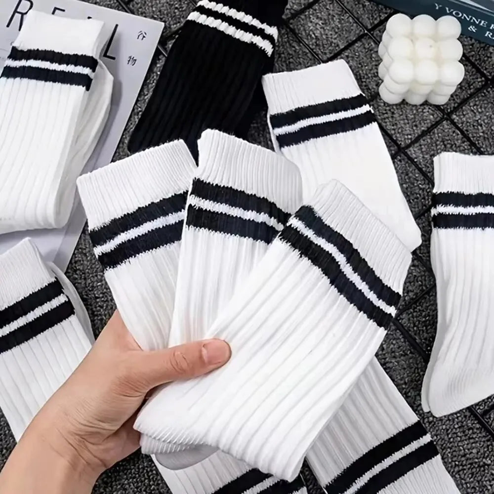 6/10 Pairs Men's Socks Spring Autumn Simple Casual Black White Striped Socks Breathable Mid Tube Sock High-quality Round Neck