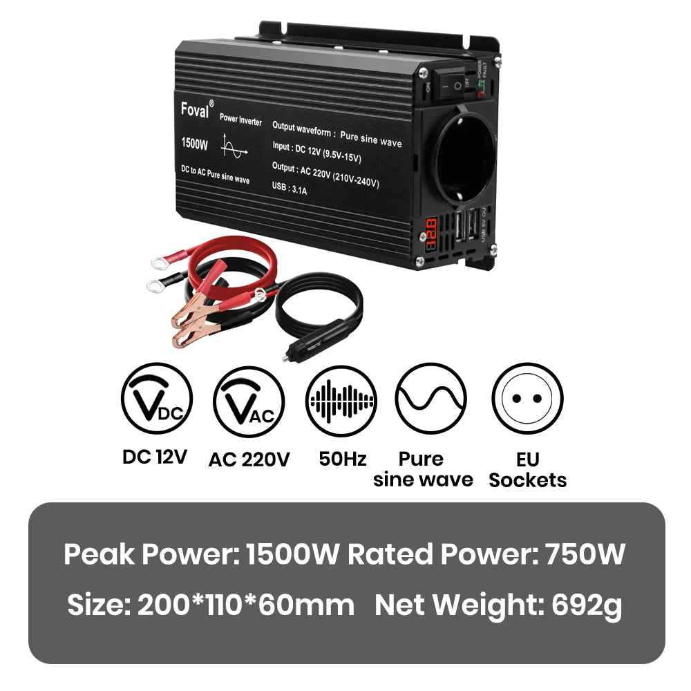 Pure Sine Wave Inverter DC 12V to AC 220V 230V 1500W/2200W/2600W/3000W Voltage Transfer Converter EU Socket Auto Accessories