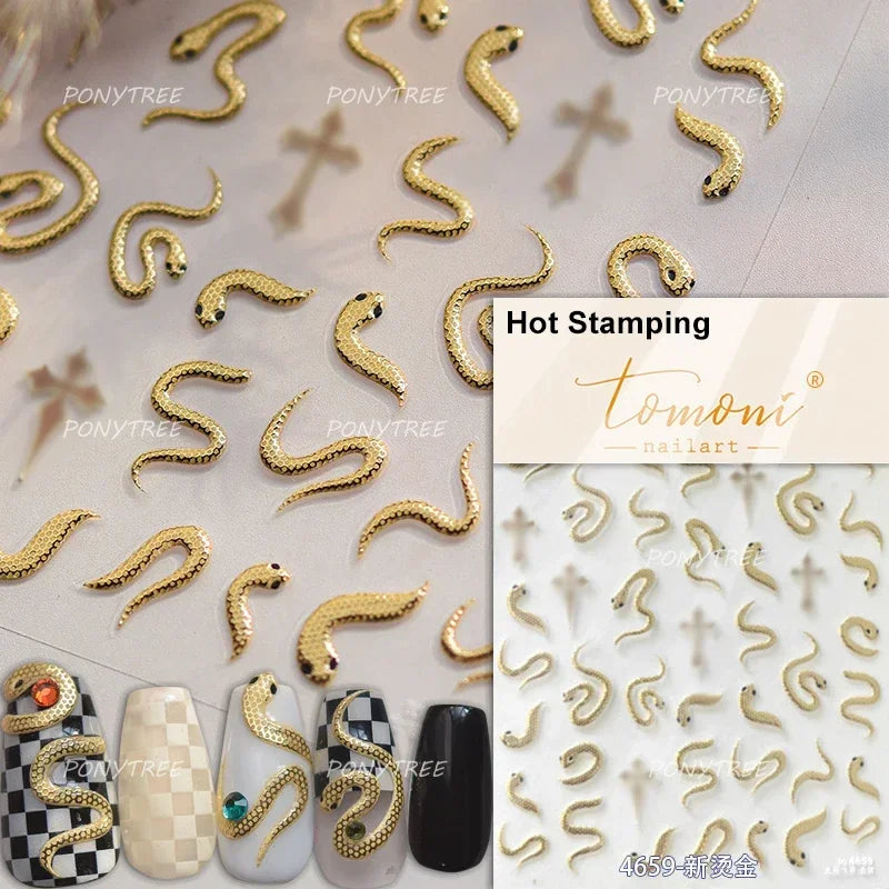 5D Gold Stamped Silver Sun Stars Snake Nail Art Stickers Totems Reliefs Self Adhesive Dark Chinese Style Manicure Decals