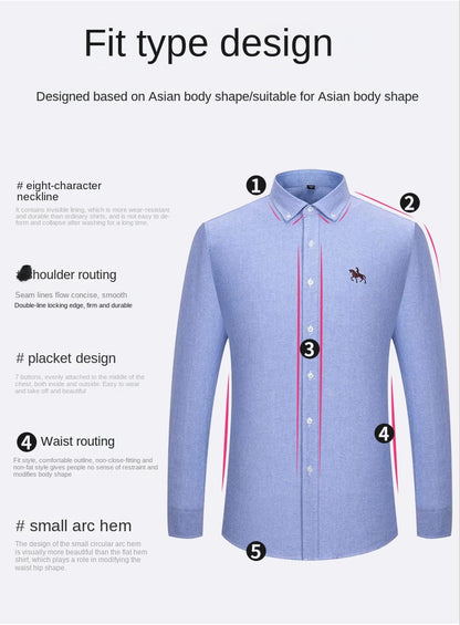 100% Cotton Oxford Shirt For Men's Long Sleeve Solid Casual Business Regular-Fit Formal Dress Shirts Social Blouse Male Clothes