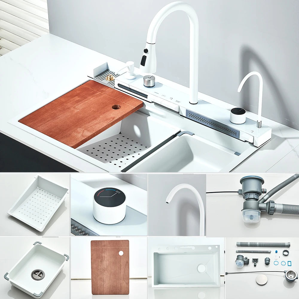 Stainless Steel Waterfall Kitchen Sink Large Single Slot Integrated Digital Display Faucet Set Soap Dispenser Cup Washer
