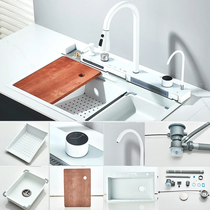Stainless Steel Waterfall Kitchen Sink Large Single Slot Integrated Digital Display Faucet Set Soap Dispenser Cup Washer