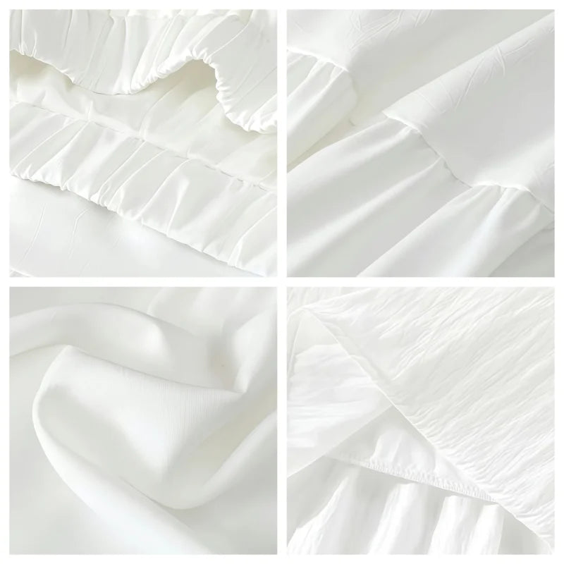 Korean Casual Style Women's Spring and Summer High-Waisted Elastic Band Lined White Layered Midi Skirt