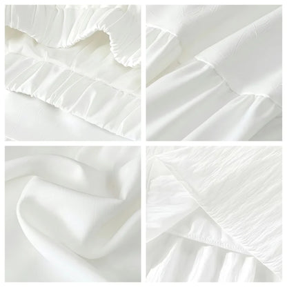 Korean Casual Style Women's Spring and Summer High-Waisted Elastic Band Lined White Layered Midi Skirt