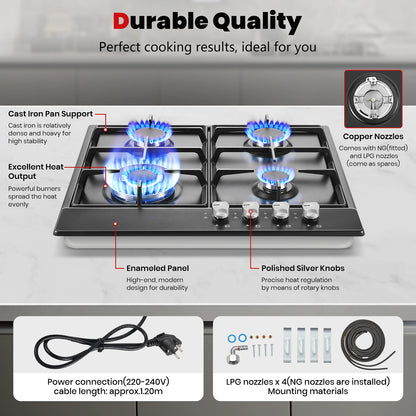 4 Burners Black Enamelled Plate 58 cm Automatic Flame Protection, Natural Gas and Propane Gas, Built-in Gas Hob