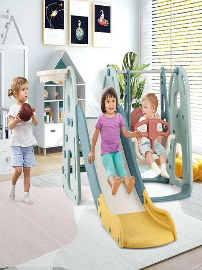 Children's Swing with Slide,Height-Adjustable Seat,4-in-1 Swing&Slide&Basketball Hoop&Ladder,for Children from 18 Months