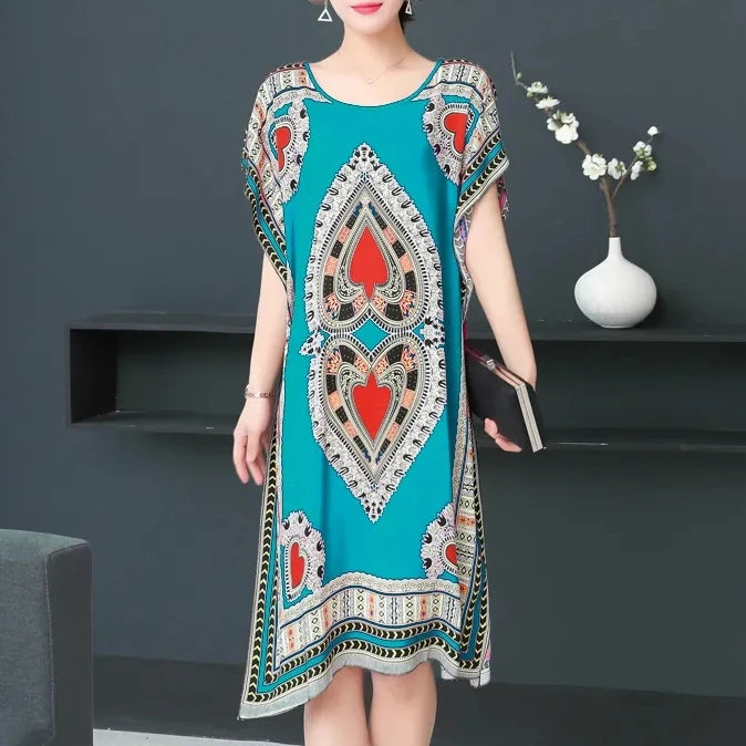 Casual Elegant Bohemian Printed Ethnic Style Retro Floral Woman Summer Street Wear Batwing Sleeve Loose Tunic Maternity Dress